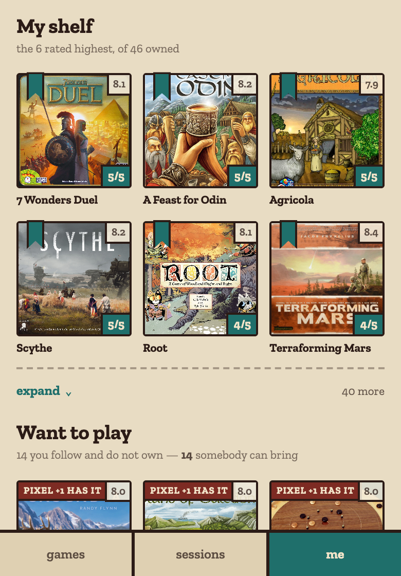 A shelf on a phone: rows of games with their covers and ratings, and under them the games the owner wants to play and who could bring them.