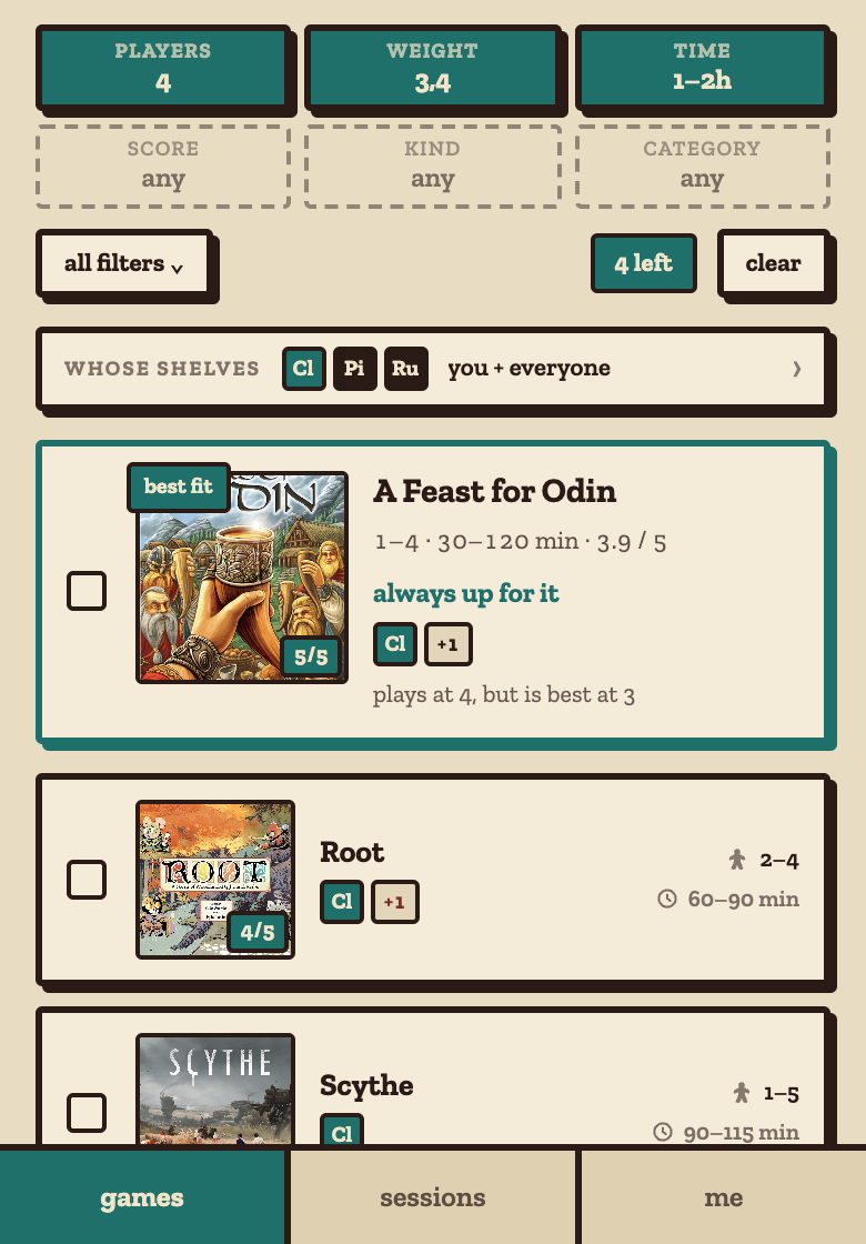 Tonight's games on a phone: players, weight and time set, three shelves in, the best fit stamped at the top of the list.